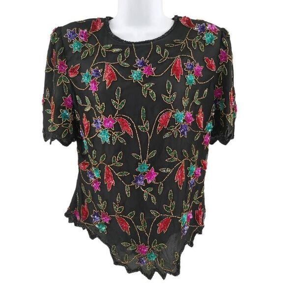 Vintage Black Silk Top Hand Embellished with Multicolored Beads & Sequins